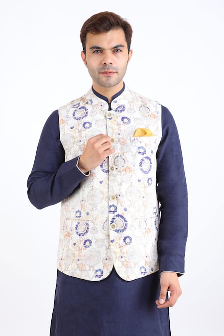 Linen Bloom_Beige 100% Pure Linen Printed Nehru Jacket _Online_at_Aza_Fashions