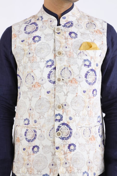 Linen Bloom_Beige 100% Pure Linen Printed Nehru Jacket _at_Aza_Fashions