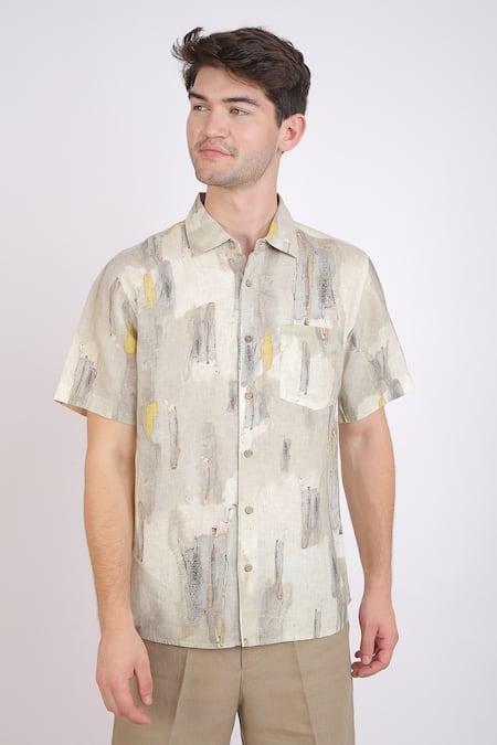 Buy_Linen Bloom_Beige Linen Marble Print Shirt _Online_at_Aza_Fashions