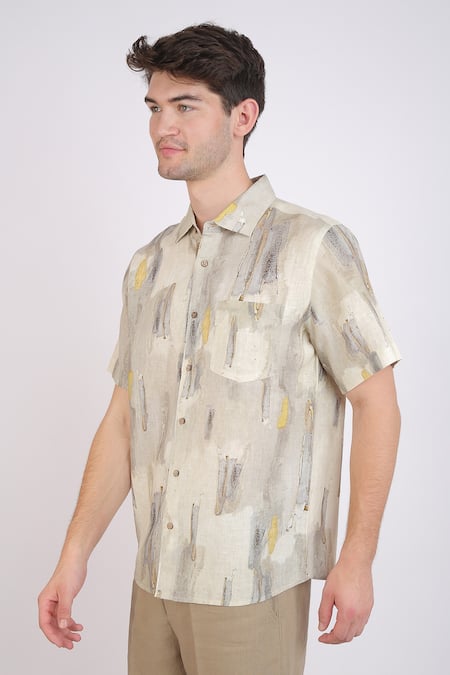 Shop_Linen Bloom_Beige Linen Marble Print Shirt _Online_at_Aza_Fashions