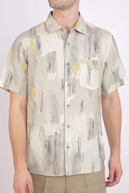Linen Bloom_Beige Linen Marble Print Shirt _at_Aza_Fashions