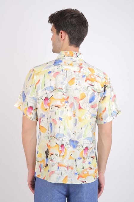 Shop_Linen Bloom_Beige Linen Watercolour Print Shirt _at_Aza_Fashions