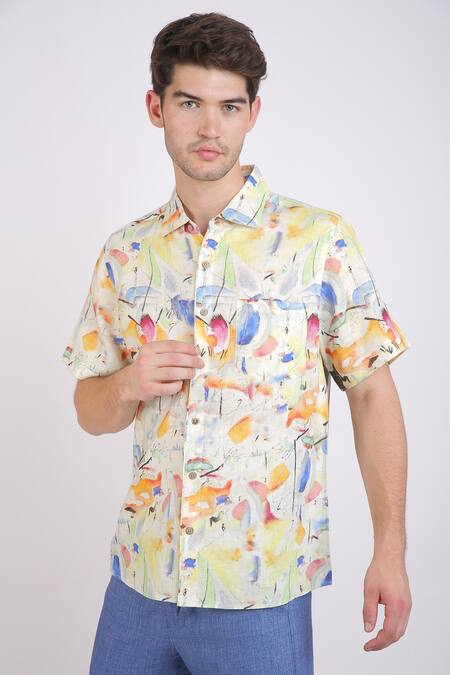 Linen Bloom_Beige Linen Watercolour Print Shirt _Online_at_Aza_Fashions