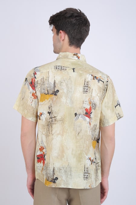 Shop_Linen Bloom_Beige Linen Watercolour Print Shirt _at_Aza_Fashions