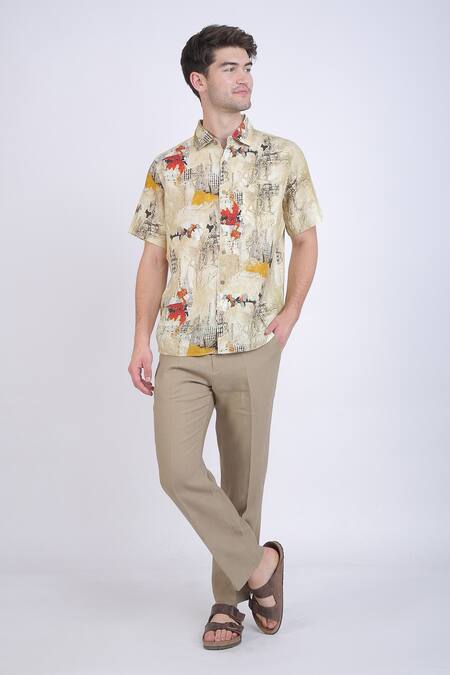 Shop_Linen Bloom_Beige Linen Watercolour Print Shirt _Online_at_Aza_Fashions