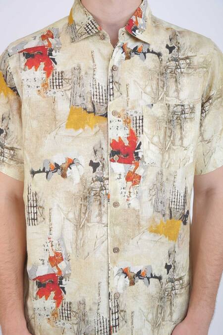Linen Bloom_Beige Linen Watercolour Print Shirt _at_Aza_Fashions