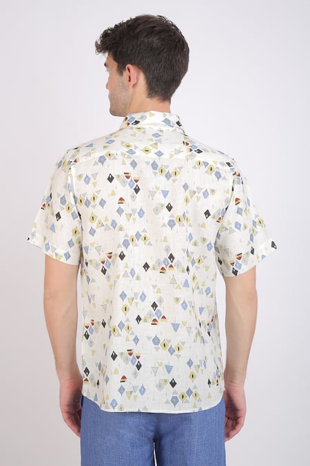 Shop_Linen Bloom_White Linen Geometric Print Shirt _at_Aza_Fashions