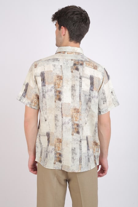 Shop_Linen Bloom_Beige Linen Marble Print Shirt _at_Aza_Fashions