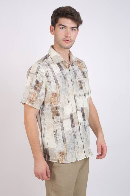 Linen Bloom_Beige Linen Marble Print Shirt _Online_at_Aza_Fashions