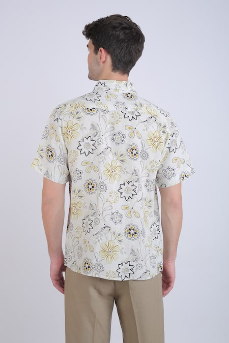 Shop_Linen Bloom_White Linen Floral Print Shirt _at_Aza_Fashions