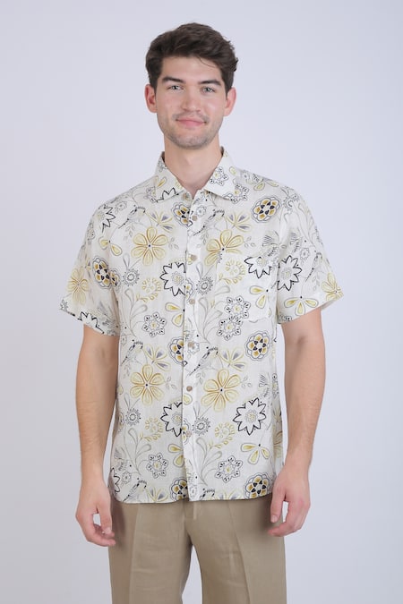 Linen Bloom_White Linen Floral Print Shirt _Online_at_Aza_Fashions