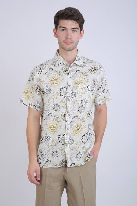 Shop_Linen Bloom_White Linen Floral Print Shirt _Online_at_Aza_Fashions