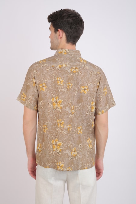 Shop_Linen Bloom_Beige Linen Floral Print Shirt _at_Aza_Fashions