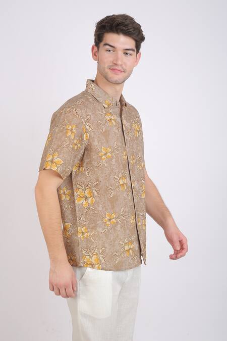 Linen Bloom_Beige Linen Floral Print Shirt _Online_at_Aza_Fashions