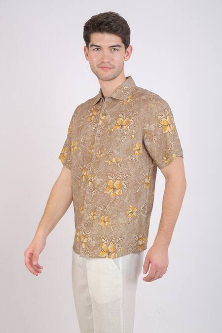 Buy_Linen Bloom_Beige Linen Floral Print Shirt _Online_at_Aza_Fashions