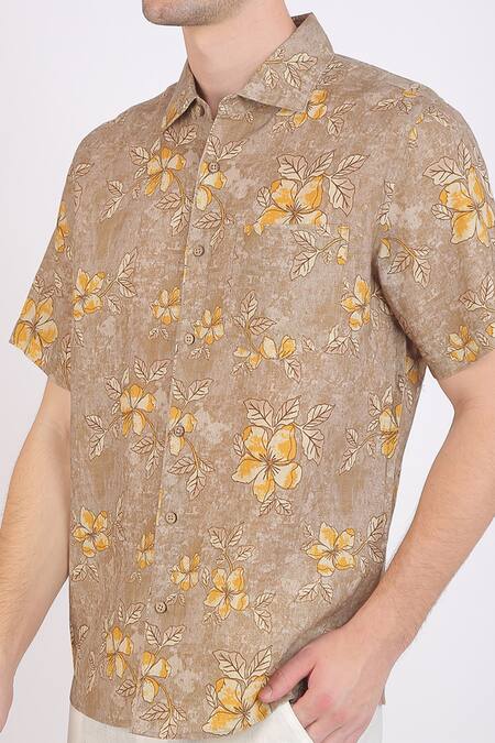 Shop_Linen Bloom_Beige Linen Floral Print Shirt _Online_at_Aza_Fashions