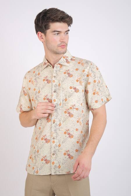 Linen Bloom_Beige Linen Floral Print Shirt _Online_at_Aza_Fashions