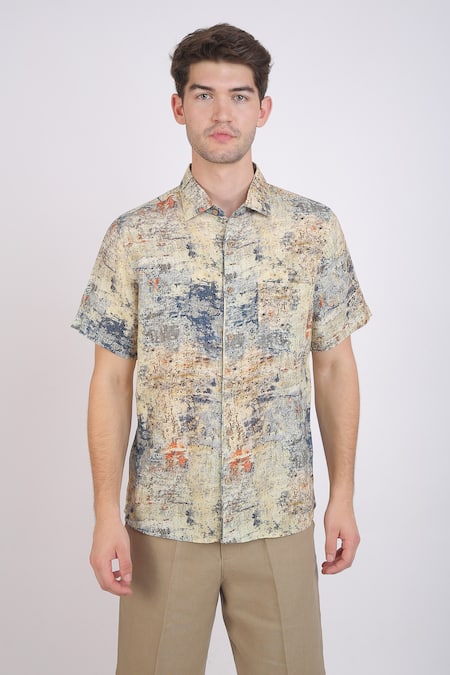 Linen Bloom_Blue Linen Texture Print Shirt _Online_at_Aza_Fashions