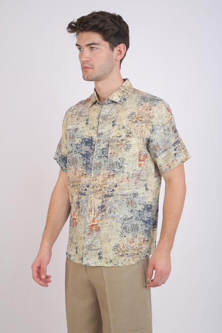 Buy_Linen Bloom_Blue Linen Texture Print Shirt _Online_at_Aza_Fashions