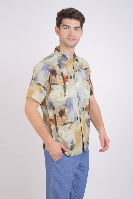 Linen Bloom_Beige Linen Watercolour Print Abstract Shirt _Online_at_Aza_Fashions