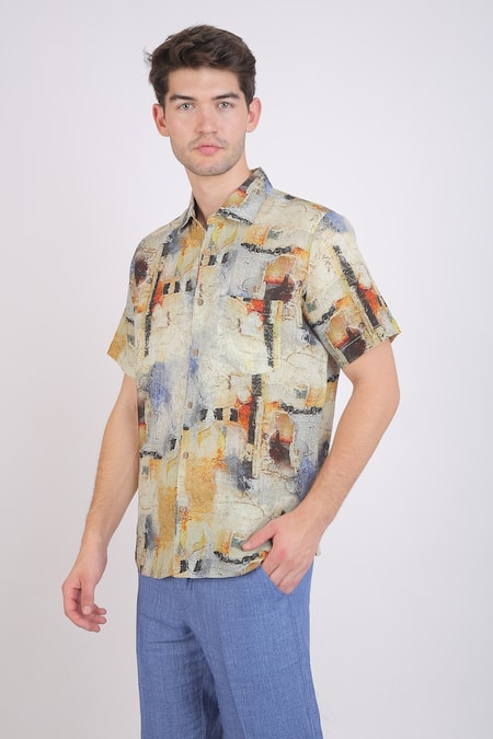 Buy_Linen Bloom_Beige Linen Watercolour Print Abstract Shirt _Online_at_Aza_Fashions