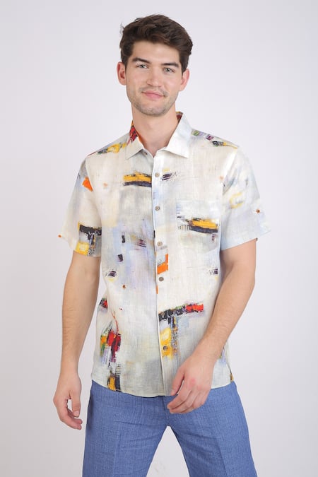 Linen Bloom Brush Stroke Print Shirt 