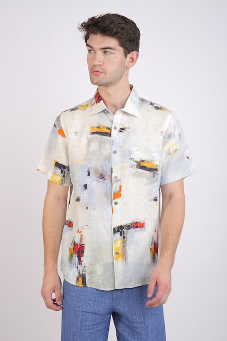 Linen Bloom_White Linen Brush Stroke Print Shirt _Online_at_Aza_Fashions