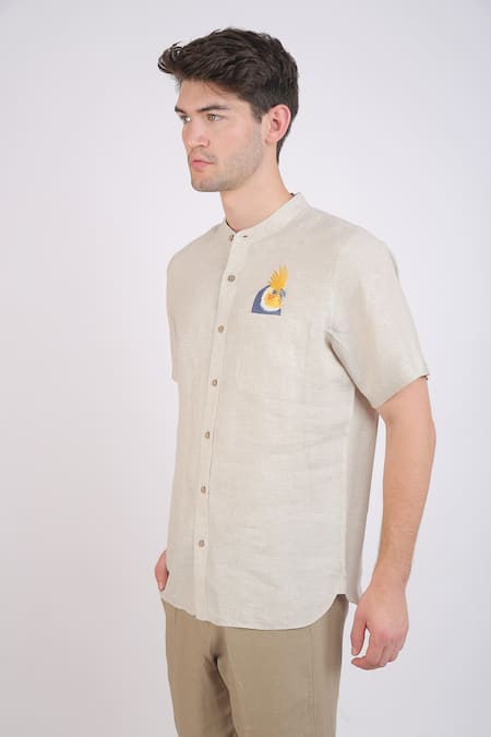 Buy_Linen Bloom_Beige Linen Animal Motifs Hand Painted Shirt _Online_at_Aza_Fashions