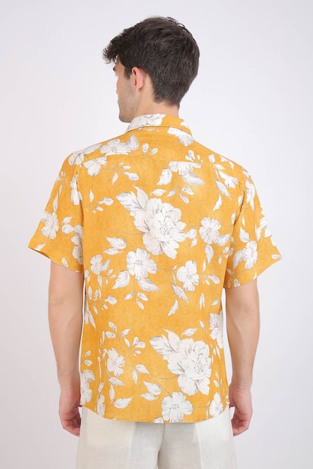 Shop_Linen Bloom_Yellow Linen Floral Print Shirt _at_Aza_Fashions