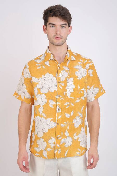 Buy_Linen Bloom_Yellow Linen Floral Print Shirt _Online_at_Aza_Fashions