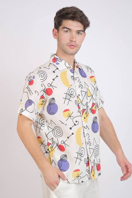 Linen Bloom_White Linen Floral Doodle Print Shirt _Online_at_Aza_Fashions