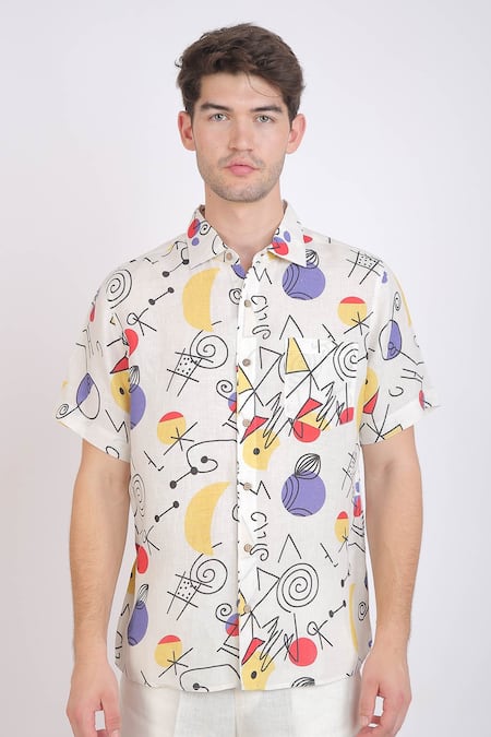 Buy_Linen Bloom_White Linen Floral Doodle Print Shirt _Online_at_Aza_Fashions