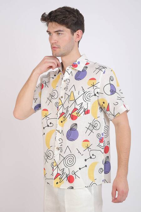 Shop_Linen Bloom_White Linen Floral Doodle Print Shirt _Online_at_Aza_Fashions