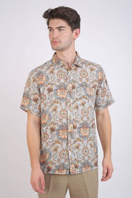 Buy_Linen Bloom_Blue Linen Floral Print Shirt _Online_at_Aza_Fashions