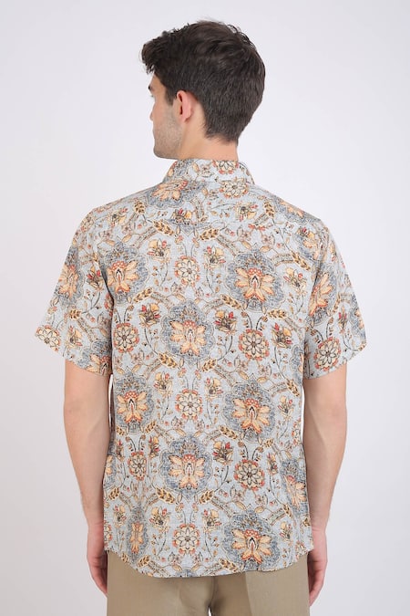 Shop_Linen Bloom_Blue Linen Floral Print Shirt _at_Aza_Fashions