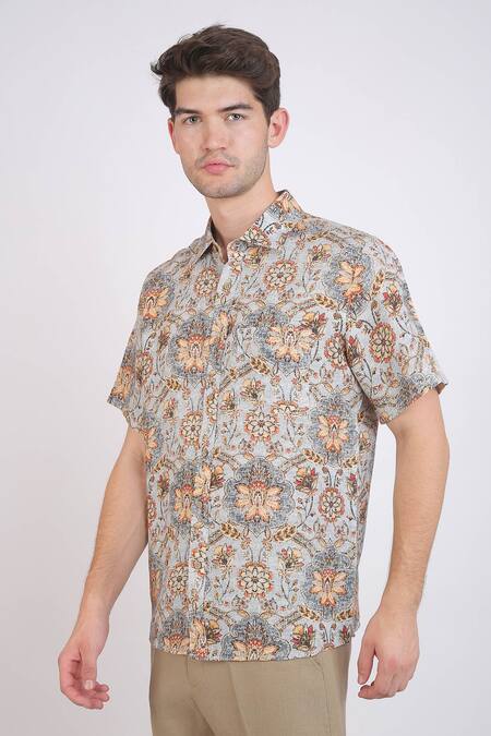 Linen Bloom_Blue Linen Floral Print Shirt _at_Aza_Fashions