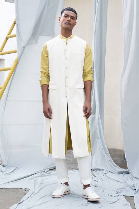 Antar Agni_White Linen Blend Jacket _Online_at_Aza_Fashions