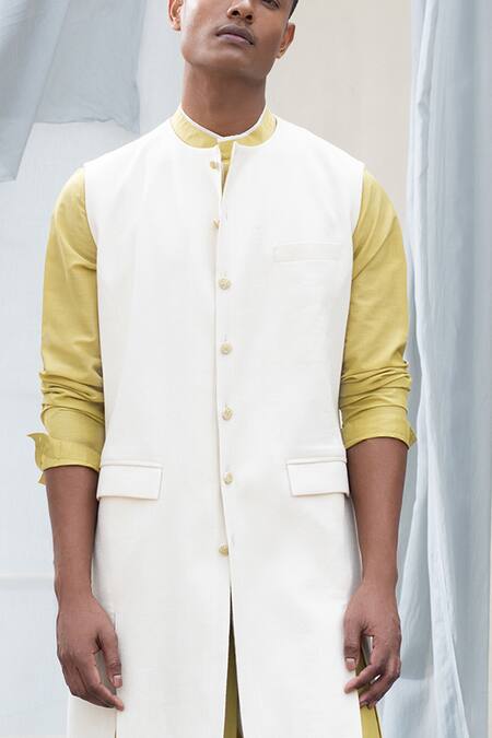 Shop_Antar Agni_White Linen Blend Jacket _Online_at_Aza_Fashions