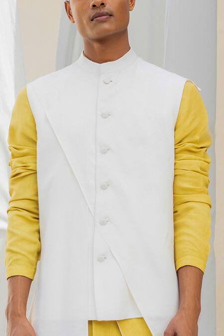 Shop_Antar Agni_White Handwoven Cotton Nehru Jacket _Online_at_Aza_Fashions