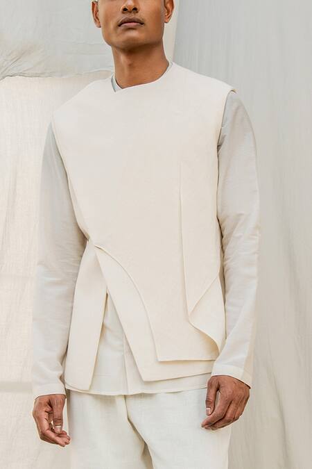 Shop Antar Agni White Handwoven Cotton Waistcoat Online at Aza Fashions Shop_Antar Agni_White Handwoven Cotton Waistcoat _Online_at_Aza_Fashions