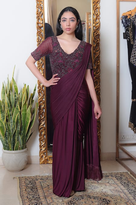 glass tissue maroon saree with blouse, - Embroidery - Sarees - Faux  Designer Embroidery