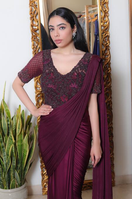 Devika Seth_Maroon Lycra Embroidery V Neck Pre-draped Saree Gown_Online_at_Aza_Fashions