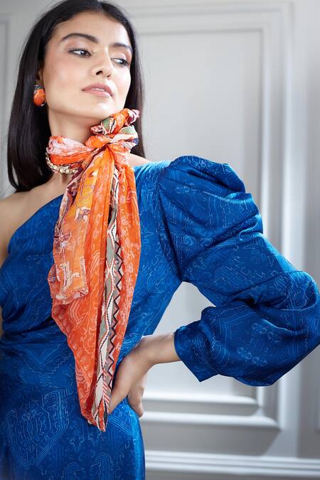 Mandira Wirk - Indian Blue Asymmetric One Shoulder Printed Dress at Aza Fashions Mandira Wirk - Indian_Blue Asymmetric One Shoulder Printed Dress _at_Aza_Fashions