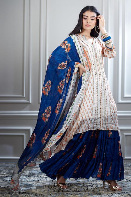 Mandira Wirk - Indian Blue Chanderi V Neck Kurta And Sharara Set