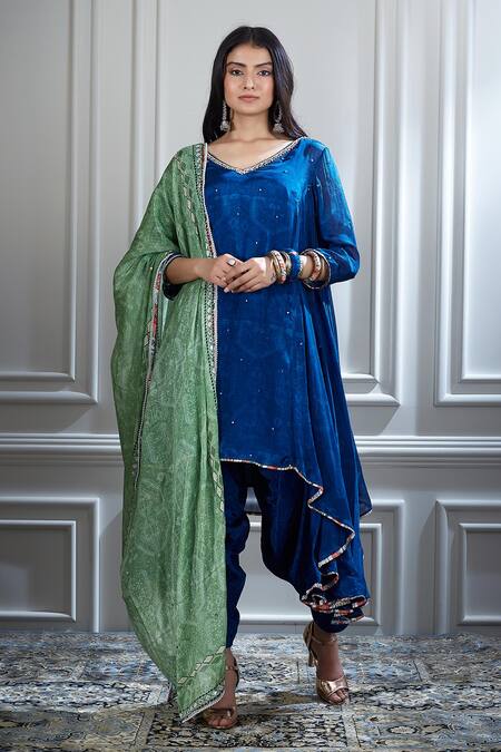Mandira Wirk - Indian Blue Chanderi V Neck Kurta And Dhoti Pant Set Online at Aza Fashions Mandira Wirk - Indian_Blue Chanderi V Neck Kurta And Dhoti Pant Set _Online_at_Aza_Fashions