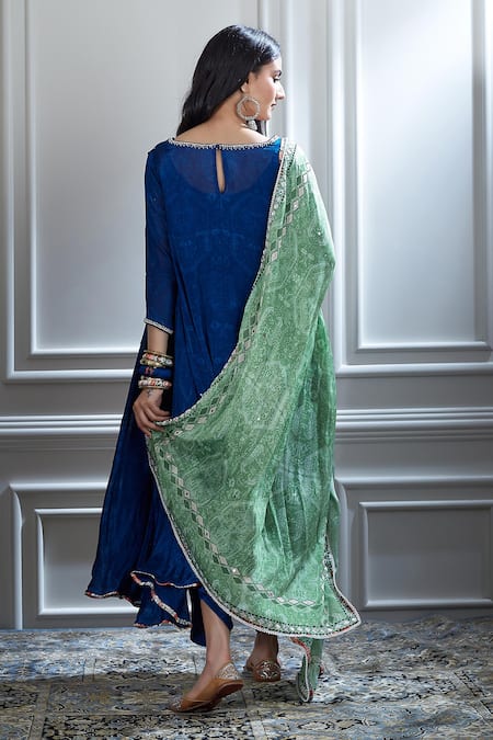 Shop Mandira Wirk - Indian Blue Chanderi V Neck Kurta And Dhoti Pant Set at Aza Fashions Shop_Mandira Wirk - Indian_Blue Chanderi V Neck Kurta And Dhoti Pant Set _at_Aza_Fashions