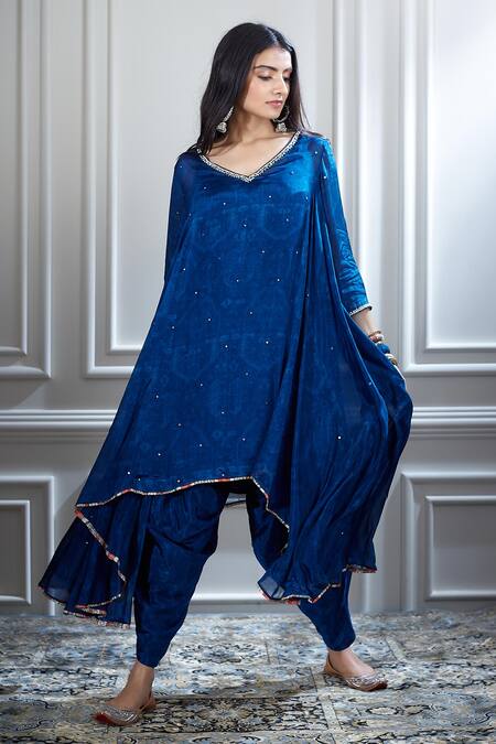 Buy Mandira Wirk - Indian Blue Chanderi V Neck Kurta And Dhoti Pant Set Online at Aza Fashions Buy_Mandira Wirk - Indian_Blue Chanderi V Neck Kurta And Dhoti Pant Set _Online_at_Aza_Fashions