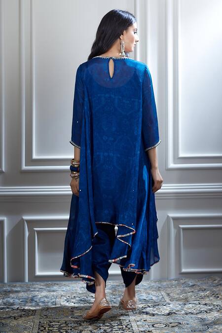 Shop Mandira Wirk - Indian Blue Chanderi V Neck Kurta And Dhoti Pant Set Online at Aza Fashions Shop_Mandira Wirk - Indian_Blue Chanderi V Neck Kurta And Dhoti Pant Set _Online_at_Aza_Fashions