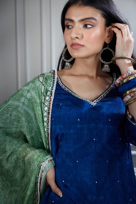 Mandira Wirk - Indian Blue Chanderi V Neck Kurta And Dhoti Pant Set at Aza Fashions Mandira Wirk - Indian_Blue Chanderi V Neck Kurta And Dhoti Pant Set _at_Aza_Fashions