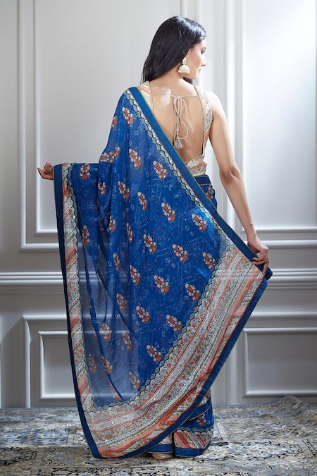 Shop Mandira Wirk - Indian Blue Chanderi V Neck Printed Saree With Blouse at Aza Fashions Shop_Mandira Wirk - Indian_Blue Chanderi V Neck Printed Saree With Blouse _at_Aza_Fashions